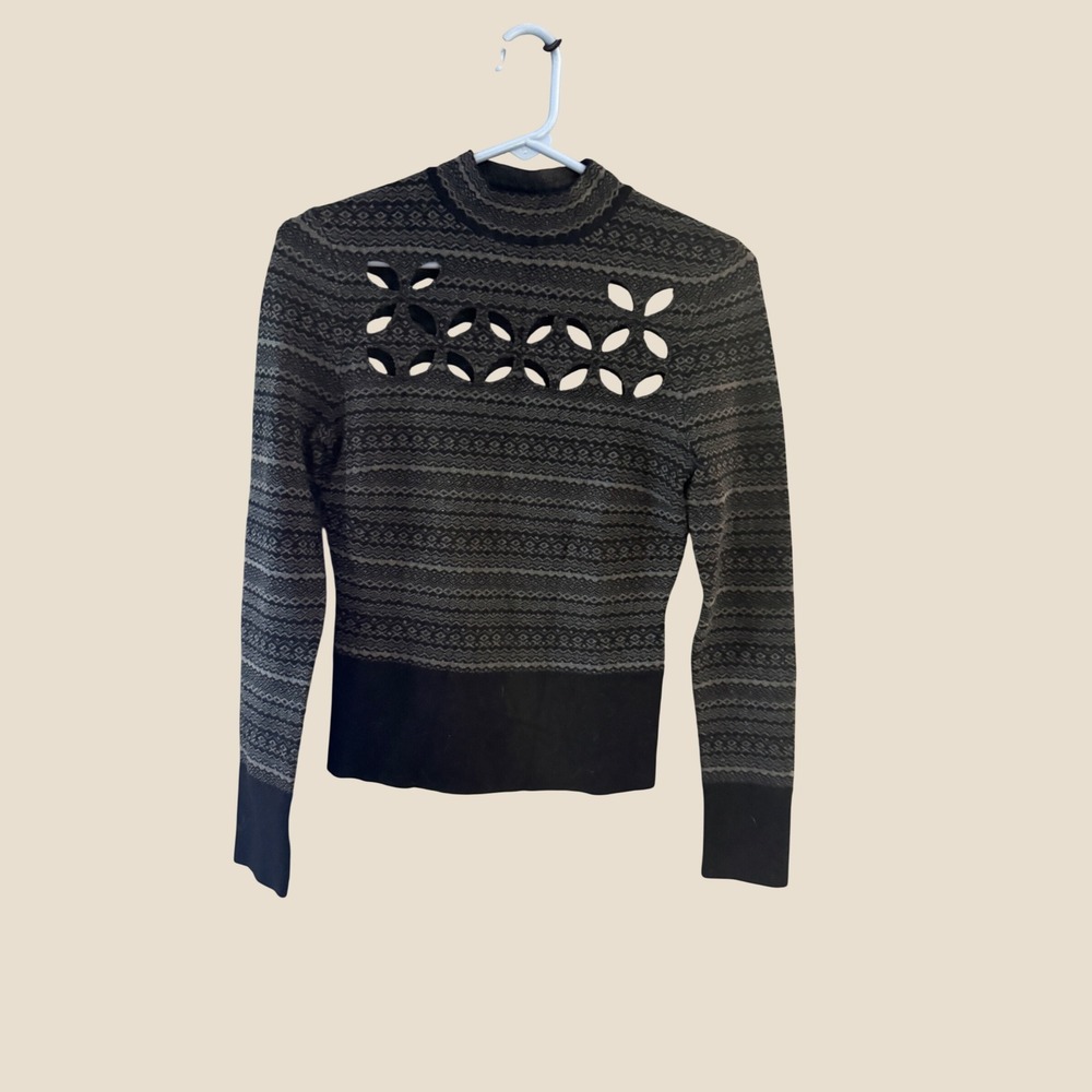 Bailey 44 Womens Grey Black Fair Isle Mock Neck Laser Cutout Sweater Small